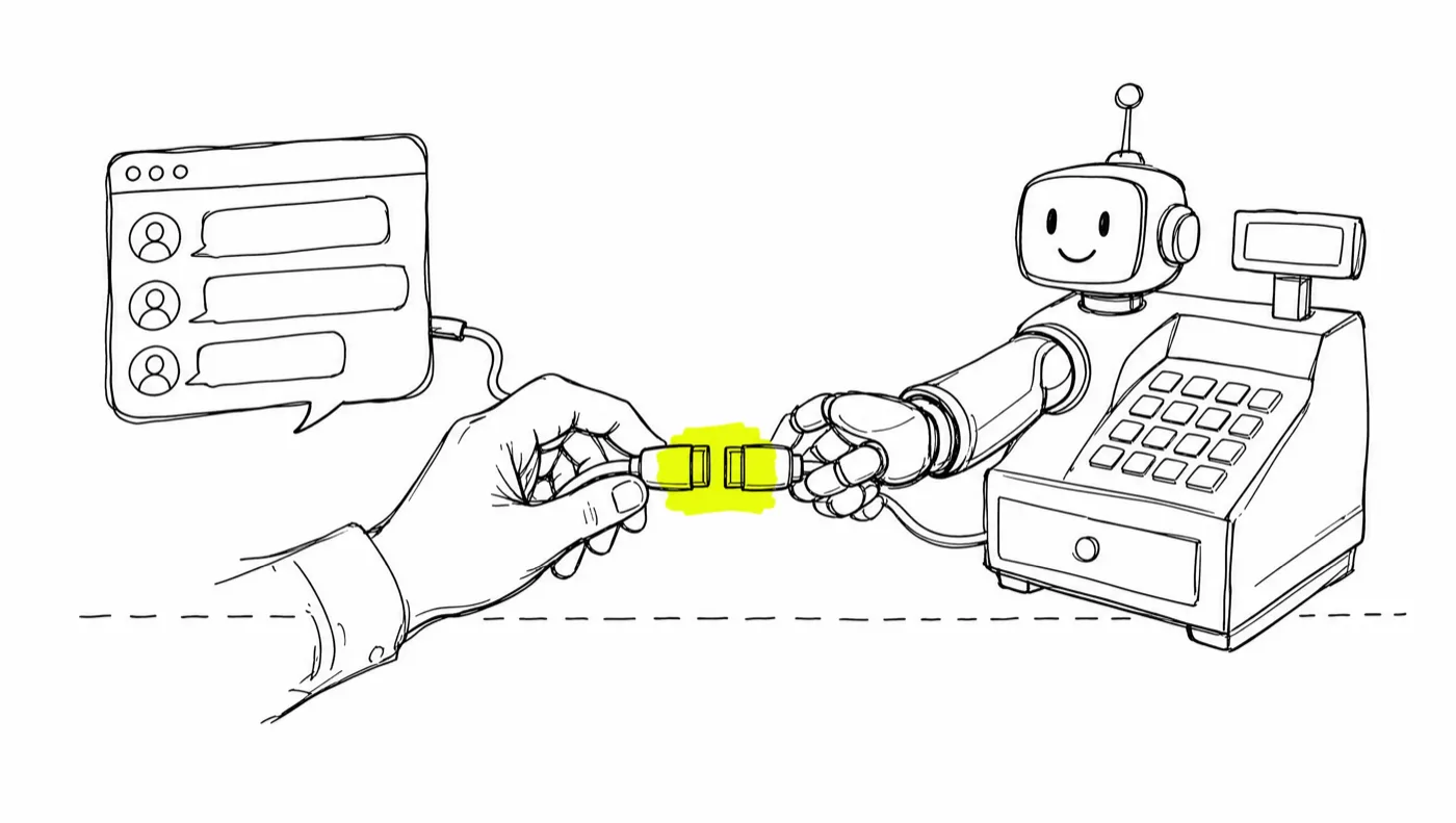 A human hand and a robot hand plugging a cable together between a chat window and a shop till, the connector highlighted