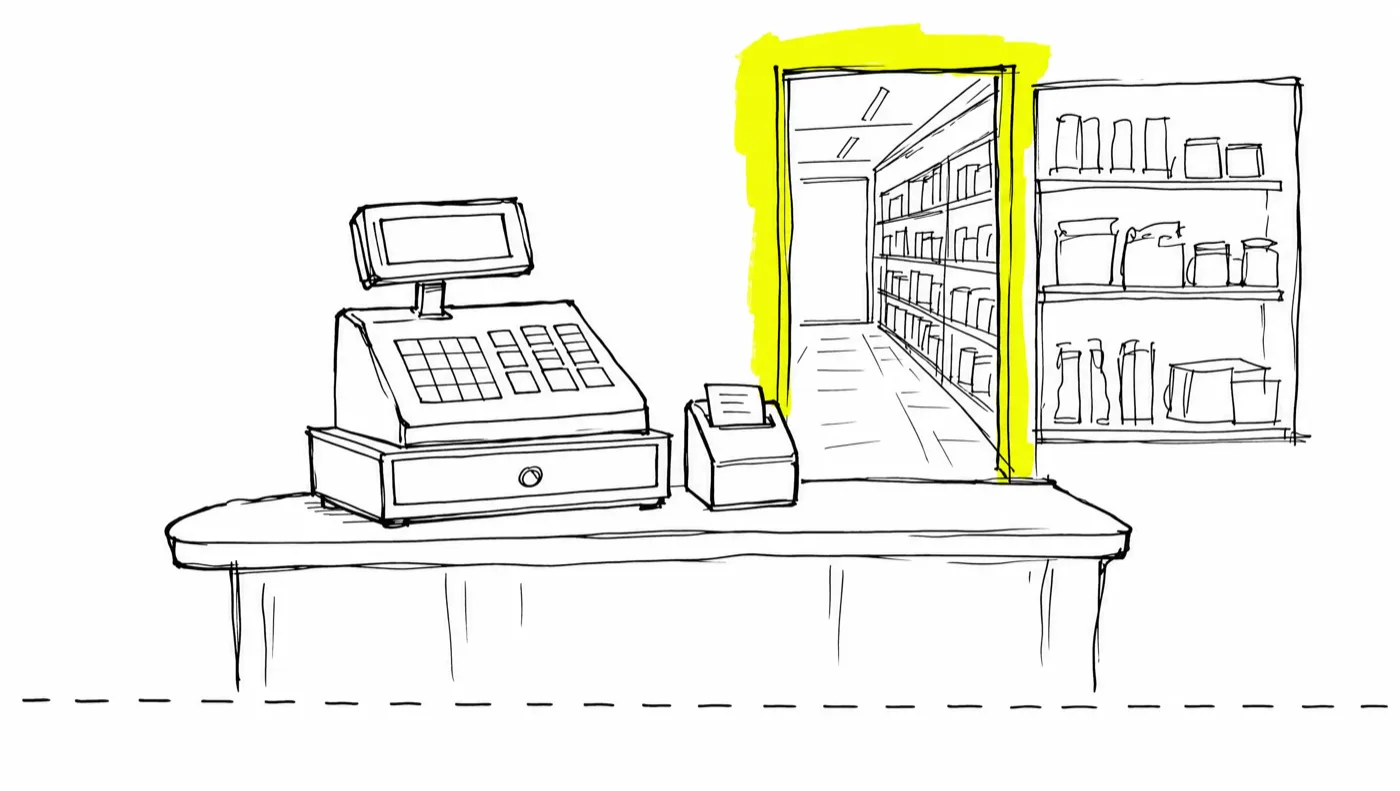 A lone cash register on an empty counter, with a small sketched store aisle behind it — shelf, doorway and receipt printer — the aisle entrance highlighted