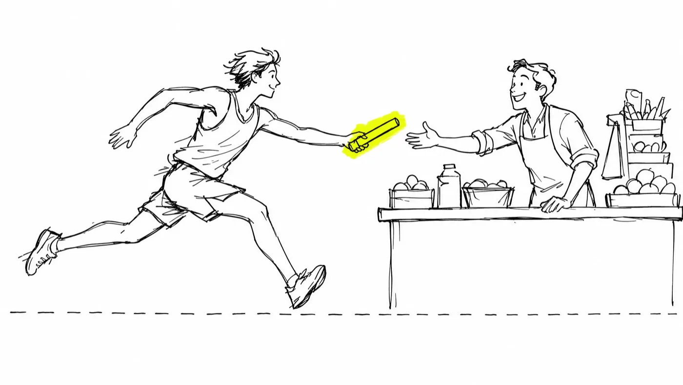 A relay runner mid-stride passing a highlighted baton to a smiling shopkeeper at their own market till