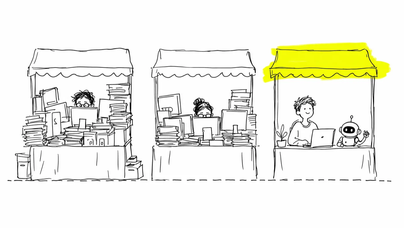 Three market stalls: two sellers buried behind stacks of monitors and paperwork, and one relaxed seller with a single laptop and a small robot assistant, that stall's awning highlighted