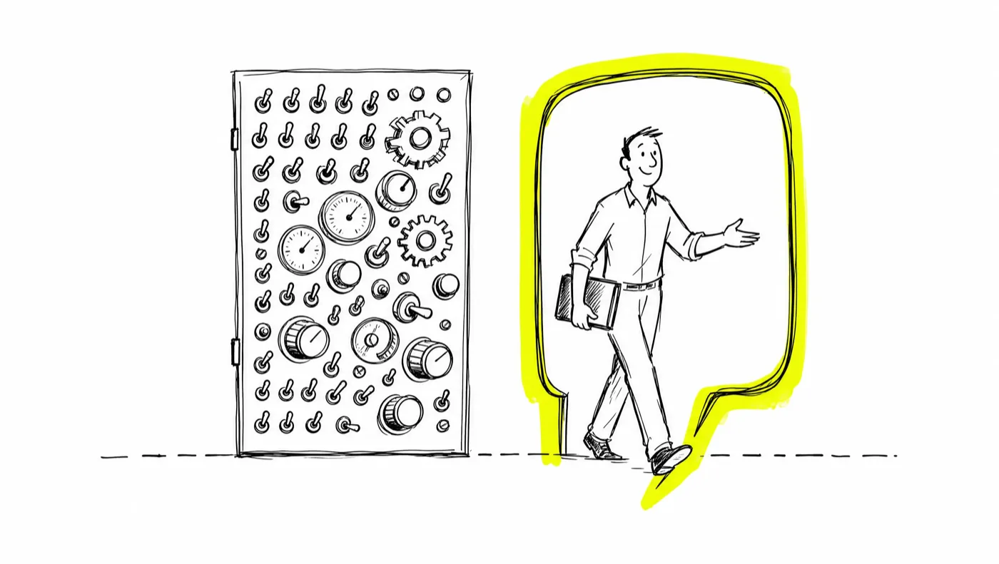 Two doors side by side: one covered in toggles and dials, the other a plain open doorway shaped like a speech bubble with a seller stepping through, the open doorway highlighted