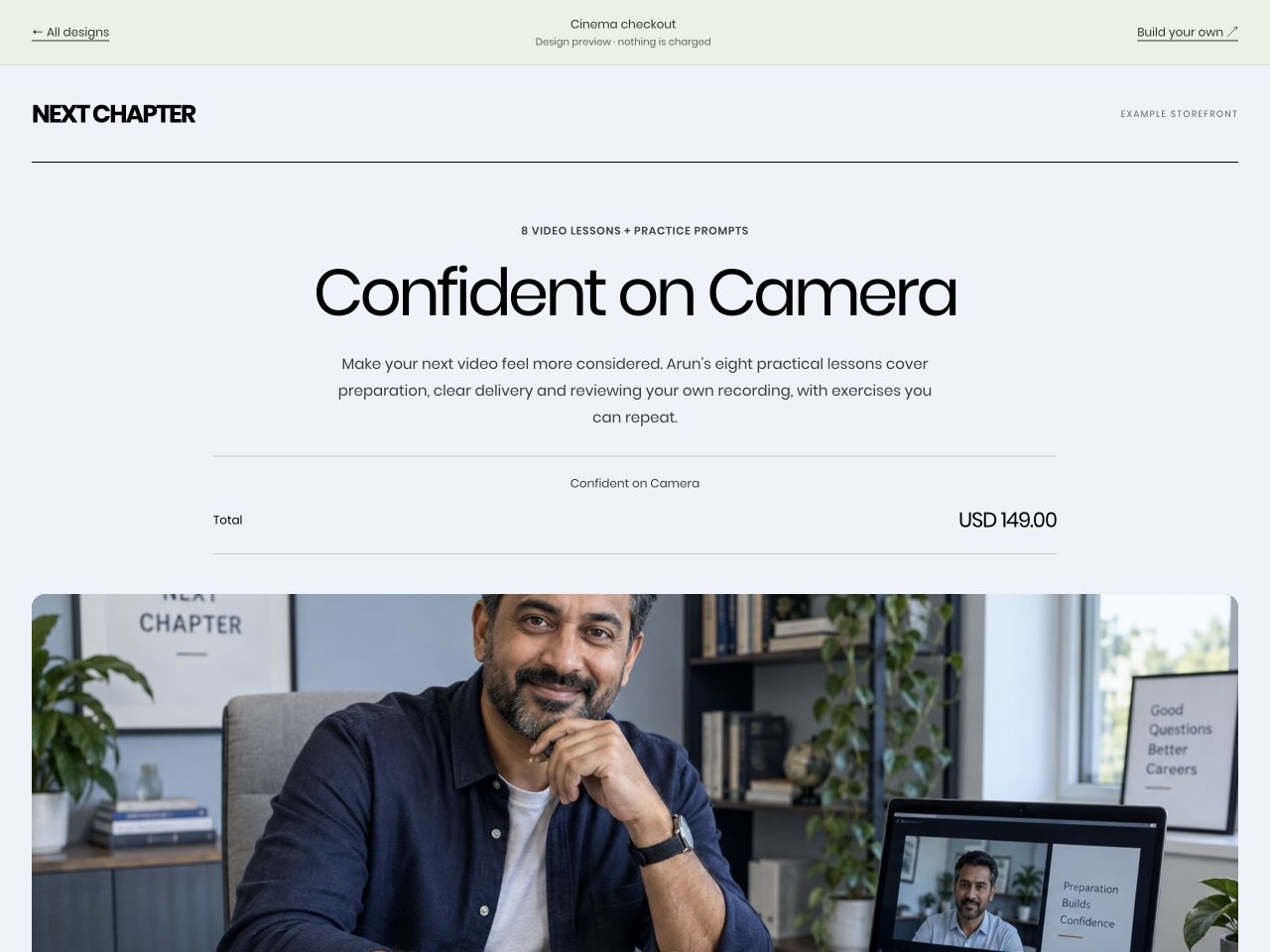 NEXT CHAPTER: Confident on Camera, US$149, in the Cinema checkout layout