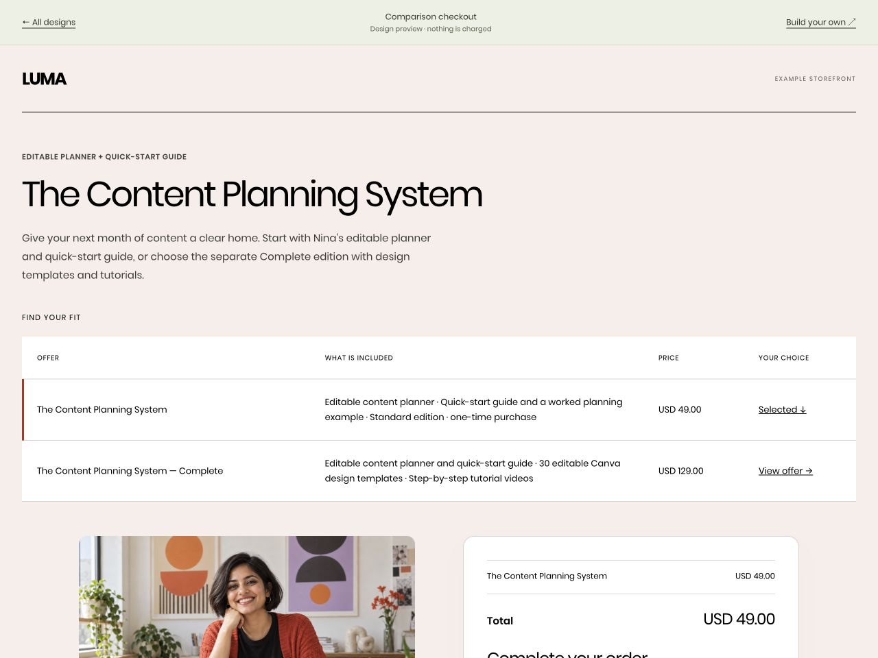 LUMA: The Content Planning System, US$49, in the Comparison checkout layout