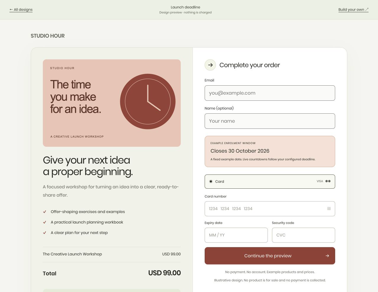 Redesigned Launch deadline checkout for STUDIO HOUR