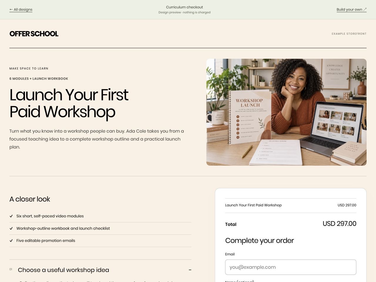 Launch Your First Paid Workshop checkout by OFFER SCHOOL, US$297
