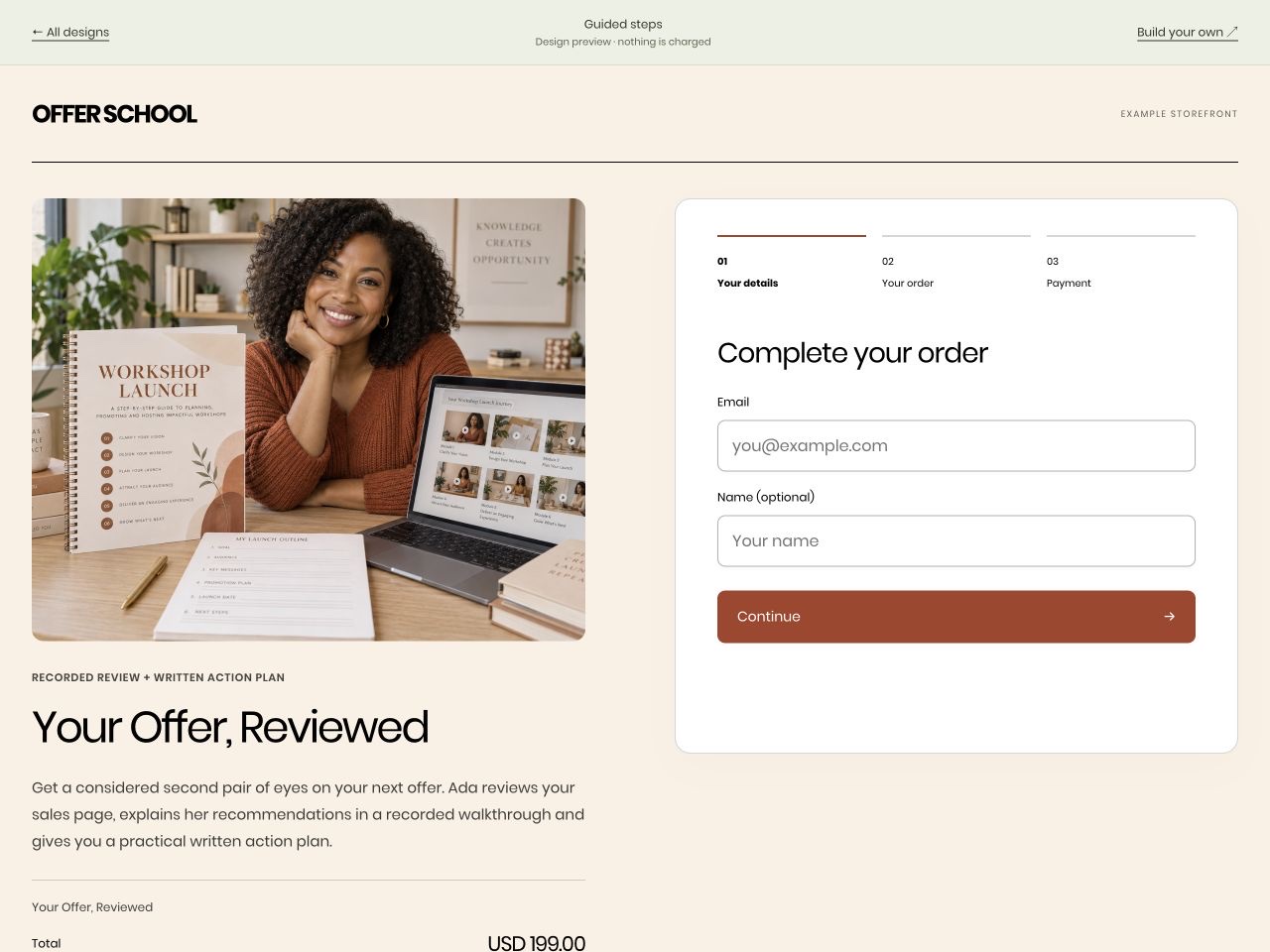 OFFER SCHOOL: Your Offer, Reviewed, US$199, in the Guided steps layout