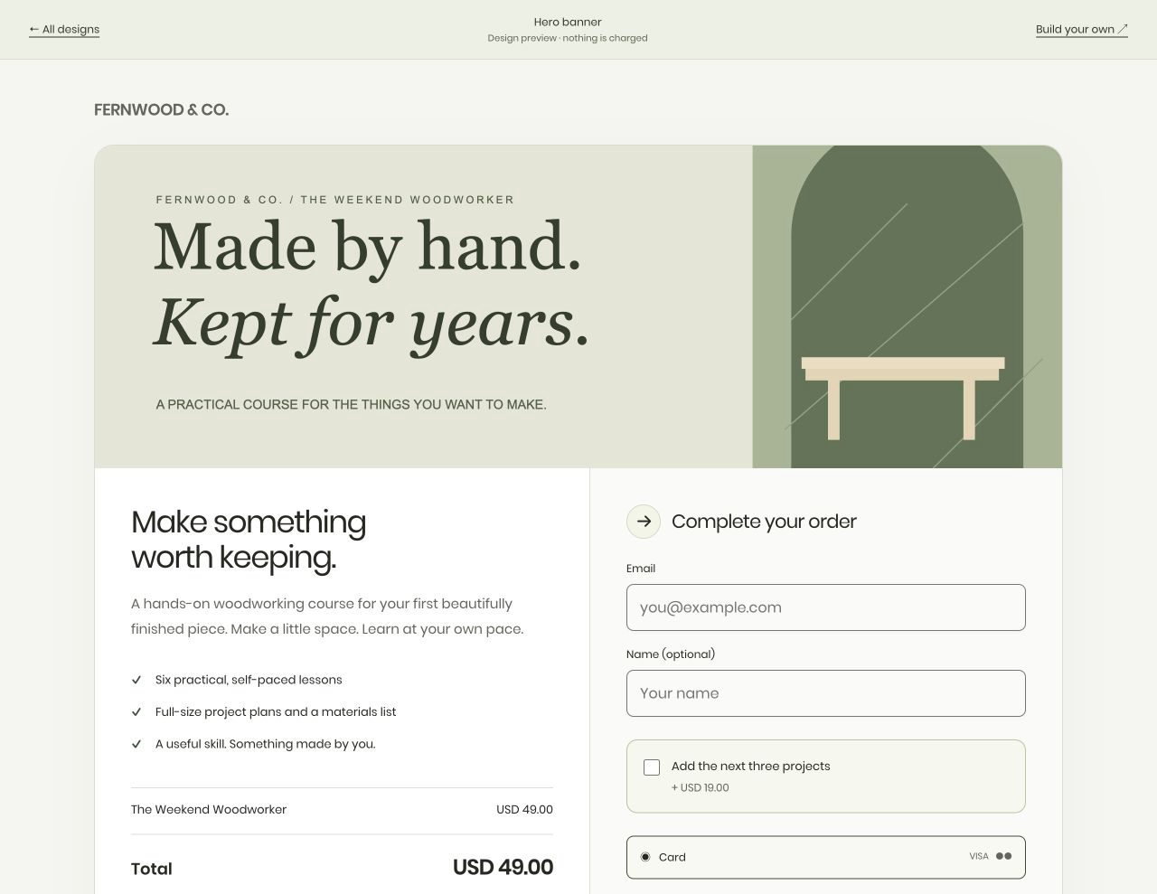 Redesigned Hero banner checkout for FERNWOOD & CO.