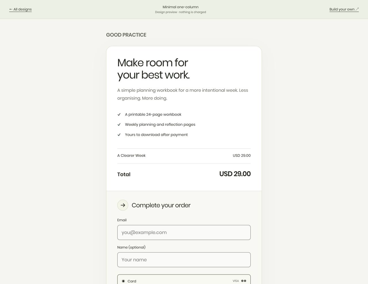 Redesigned Minimal one-column checkout for GOOD PRACTICE
