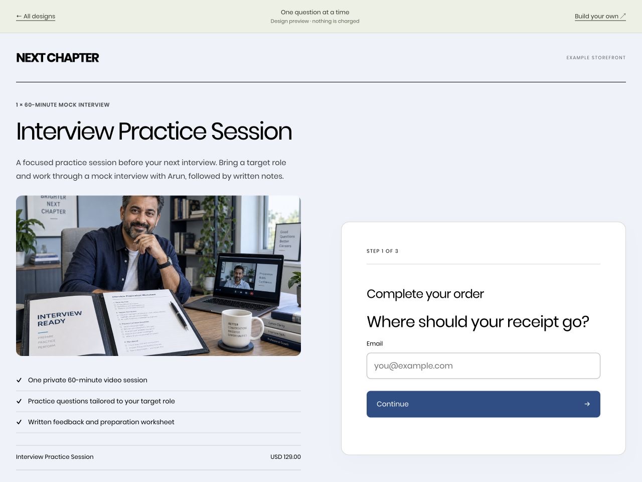 NEXT CHAPTER: Interview Practice Session, US$129, in the One question at a time layout