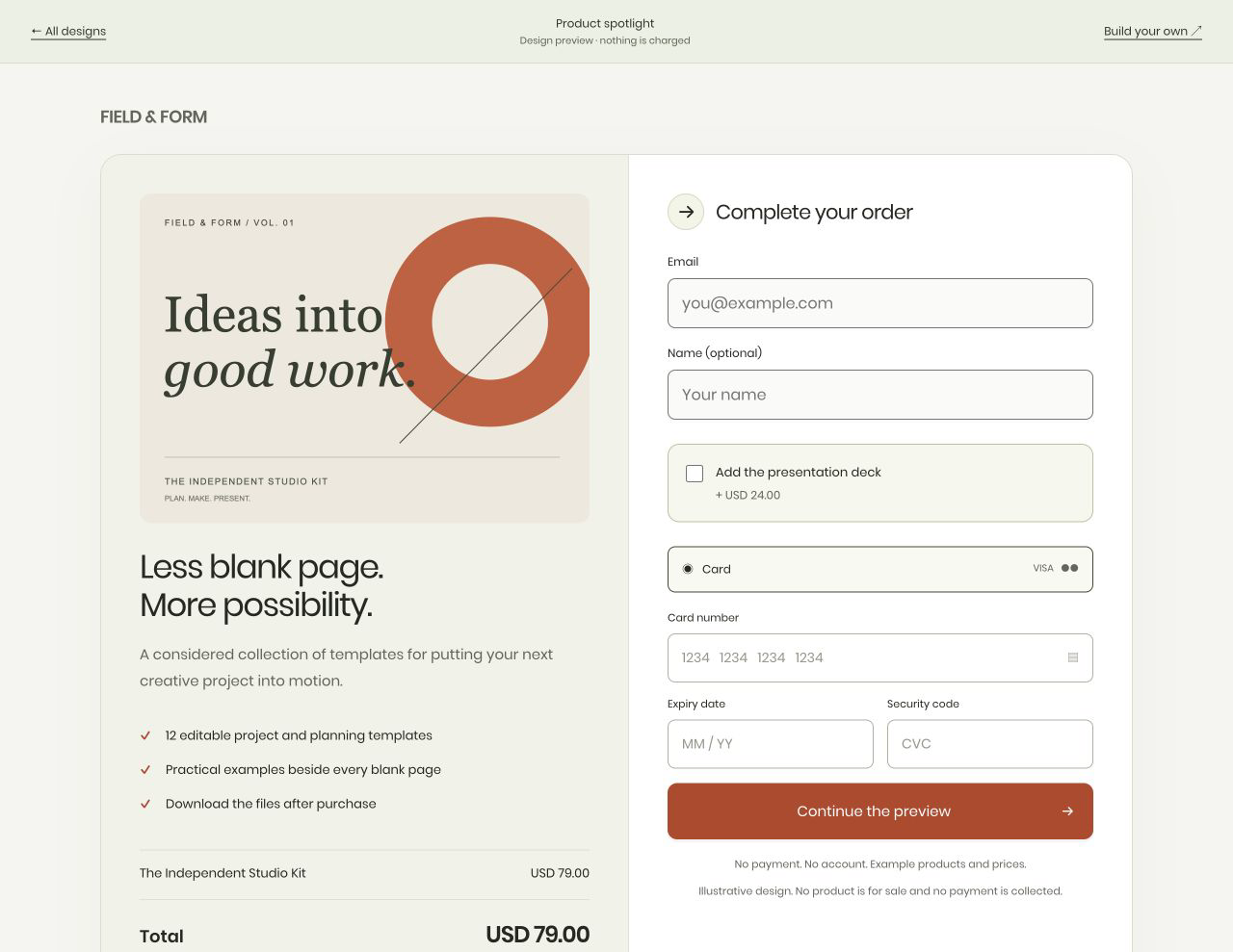 Redesigned Product spotlight checkout for FIELD & FORM