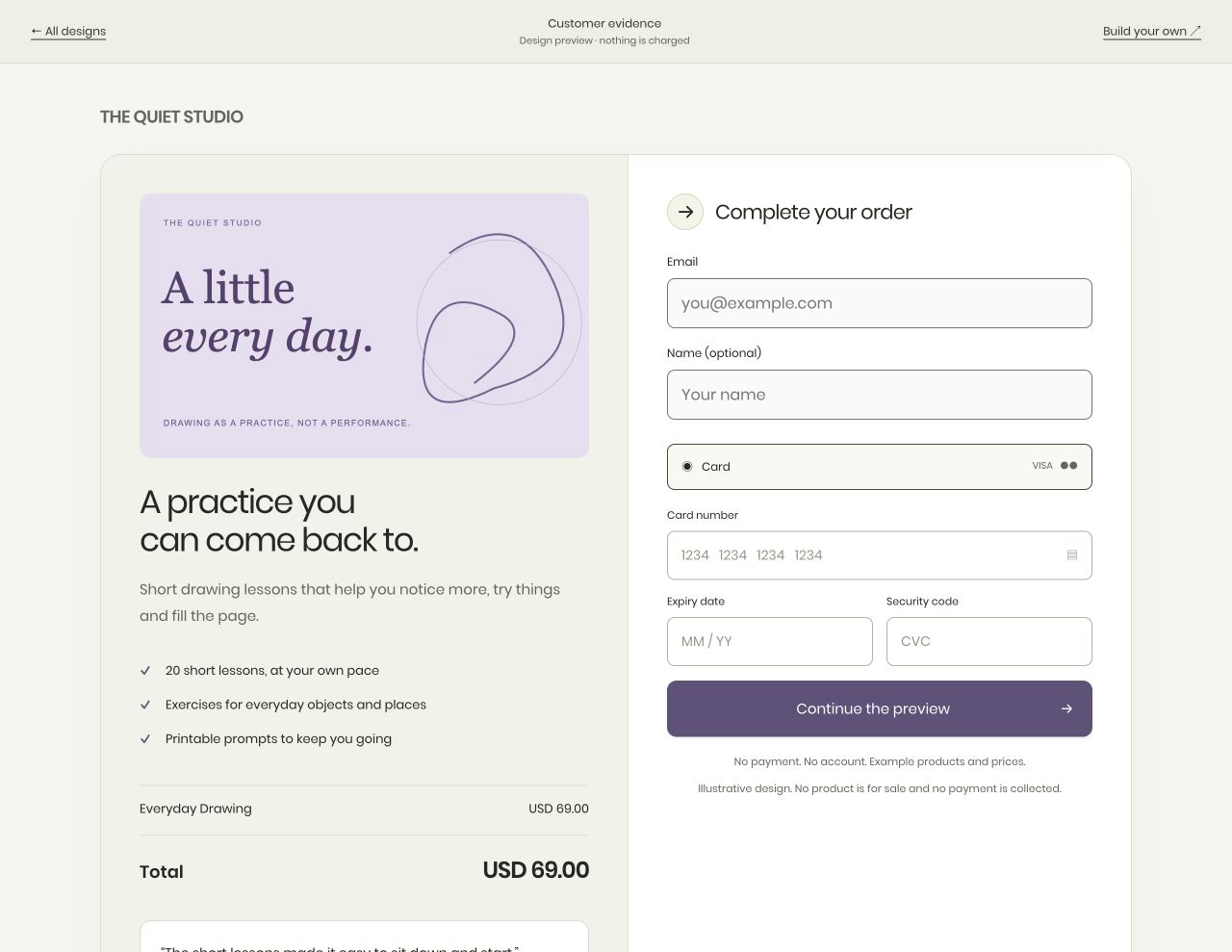Redesigned Customer evidence checkout for THE QUIET STUDIO