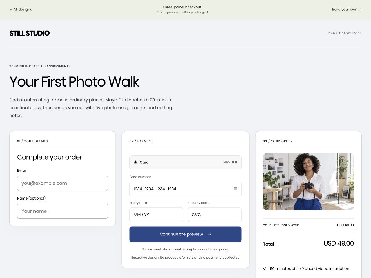STILL STUDIO: Your First Photo Walk, US$49, in the Three-panel checkout layout