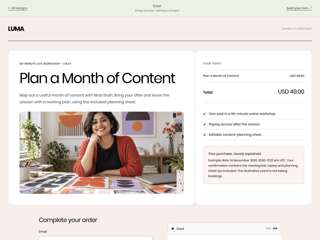 LUMA: Plan a Month of Content, US$49, in the Ticket layout